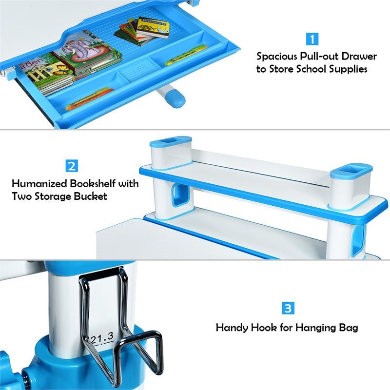 Costway MDF and Steel Adjustable Height Children's Desk Chair Set in Blue