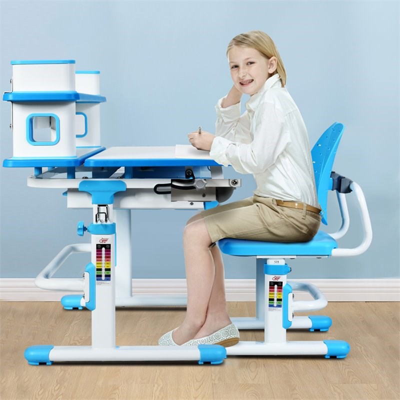 Costway MDF and Steel Adjustable Height Children's Desk Chair Set in Blue