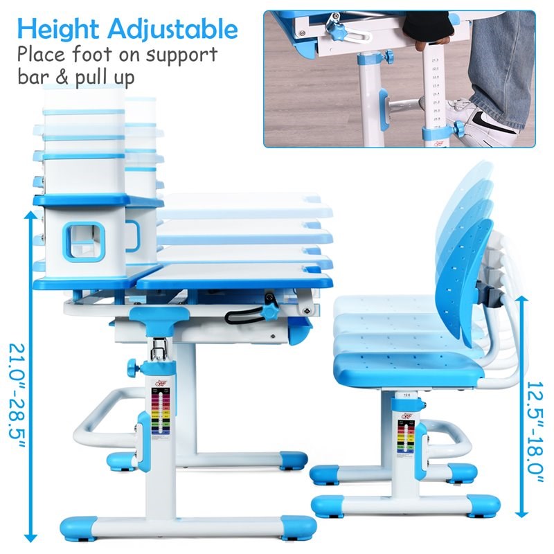 Costway MDF and Steel Adjustable Height Children's Desk Chair Set in Blue