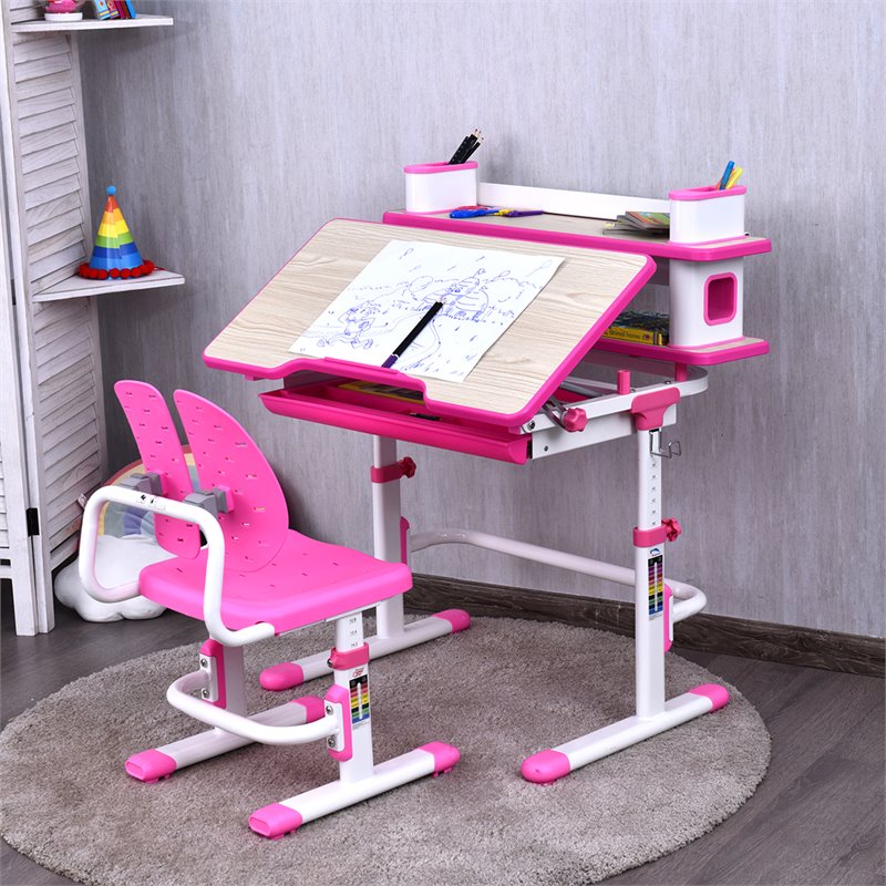 Costway MDF and Steel Adjustable Height Children's Desk Chair Set in Pink