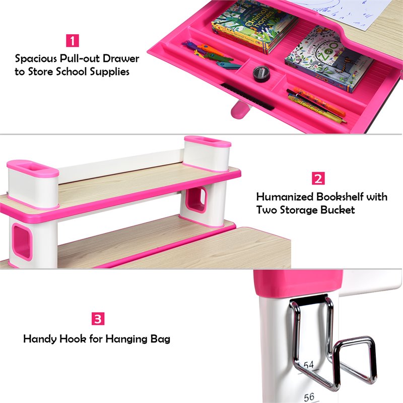 Costway MDF and Steel Adjustable Height Children's Desk Chair Set in Pink