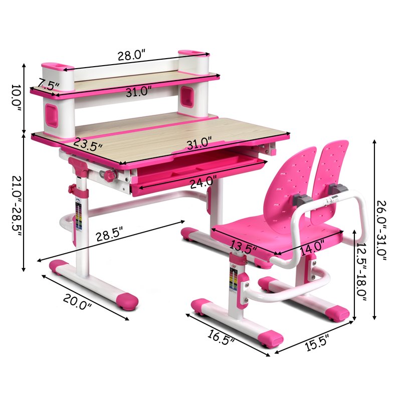Costway MDF and Steel Adjustable Height Children's Desk Chair Set in Pink