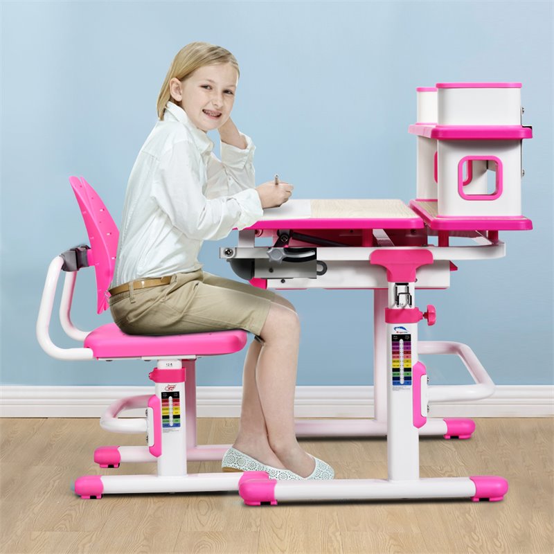 Costway MDF and Steel Adjustable Height Children's Desk Chair Set in Pink