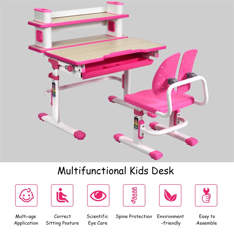 Costway MDF and Steel Adjustable Height Children's Desk Chair Set in Pink