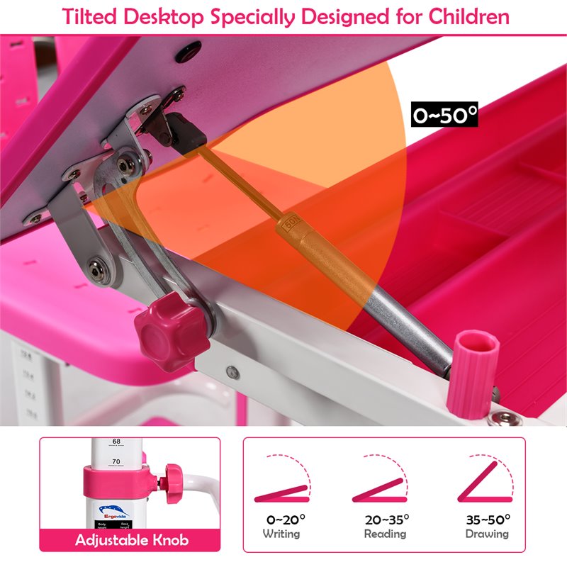 Costway MDF and Steel Adjustable Height Children's Desk Chair Set in Pink