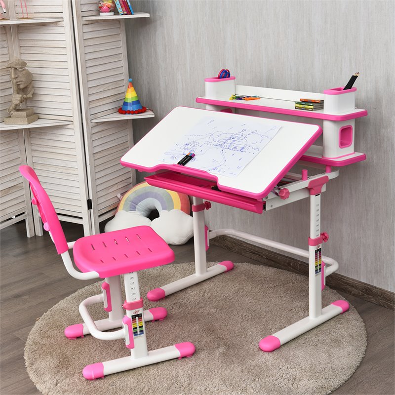 Costway MDF and Steel Adjustable Height Children's Desk Chair Set in Pink Finish