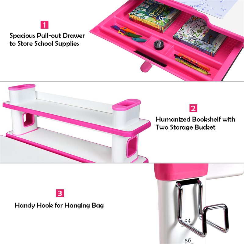 Costway MDF and Steel Adjustable Height Children's Desk Chair Set in Pink Finish