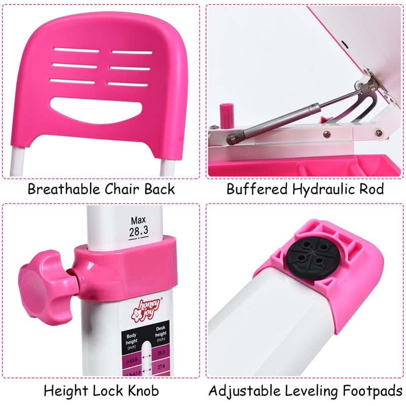 Costway MDF and Steel Adjustable Height Children's Desk Chair Set in Pink Finish