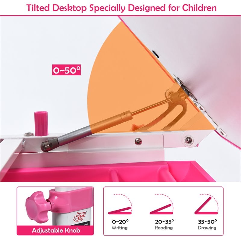 Costway MDF and Steel Adjustable Height Children's Desk Chair Set in Pink Finish
