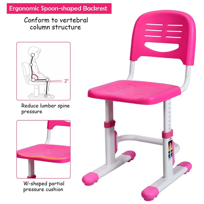 Costway MDF and Steel Adjustable Height Children's Desk Chair Set in Pink Finish