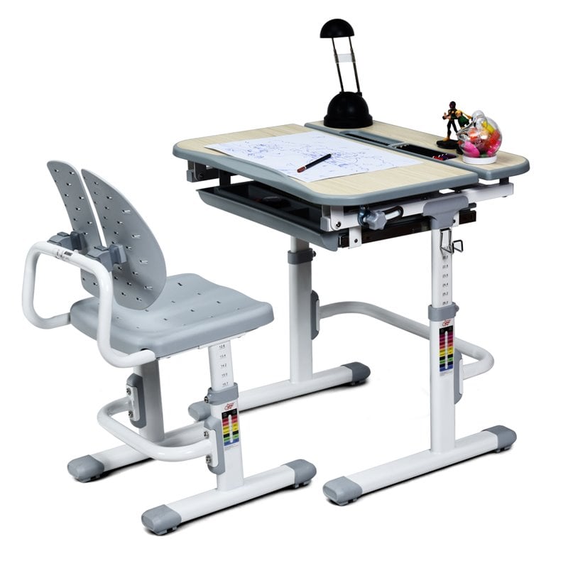 Costway MDF and Iron Adjustable Children Desk Chair Set with Drawer in Gray