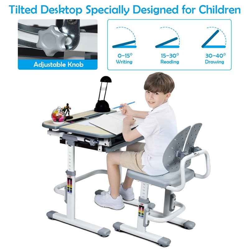 Costway MDF and Iron Adjustable Children Desk Chair Set with Drawer in Gray