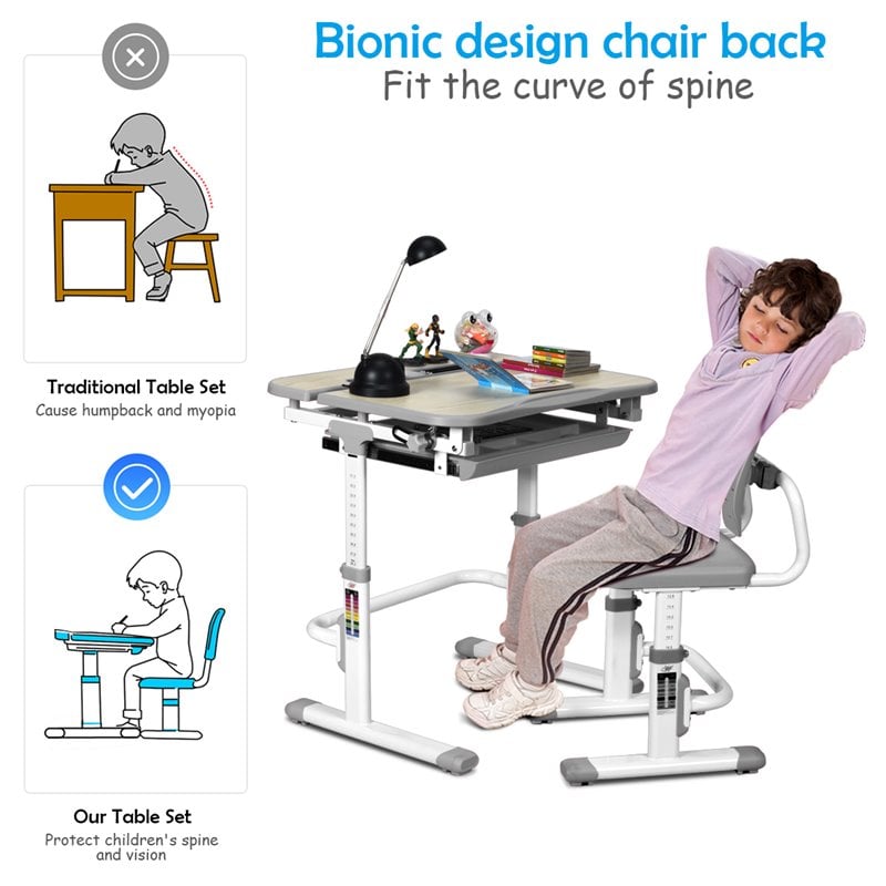 Costway MDF and Iron Adjustable Children Desk Chair Set with Drawer in Gray