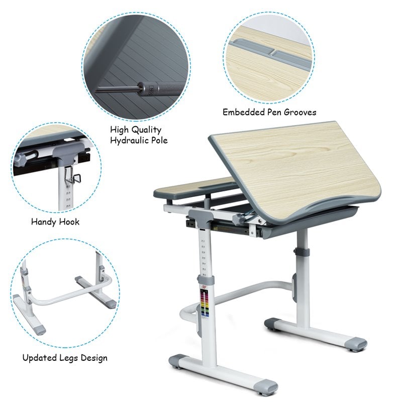 Costway MDF and Iron Adjustable Children Desk Chair Set with Drawer in Gray