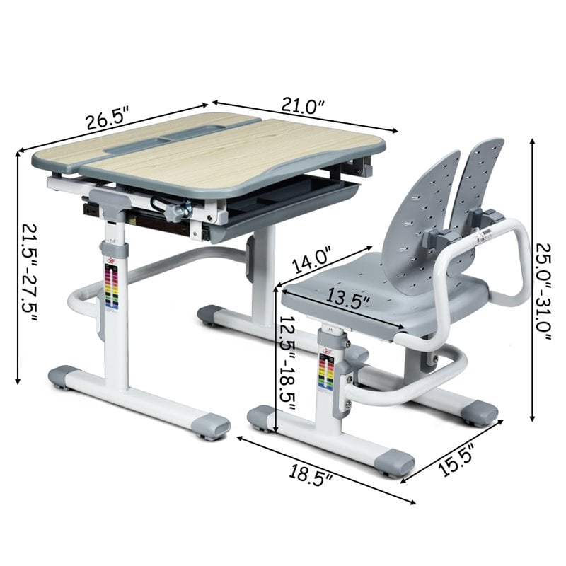 Costway MDF and Iron Adjustable Children Desk Chair Set with Drawer in Gray