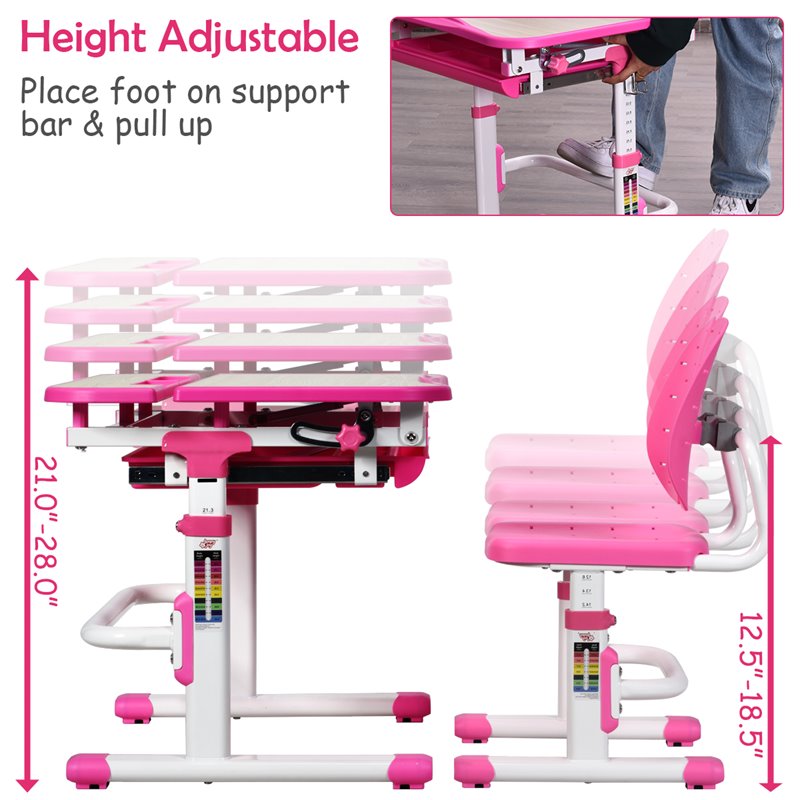 Costway MDF and Iron Adjustable Children Desk Chair Set with Drawer in Pink