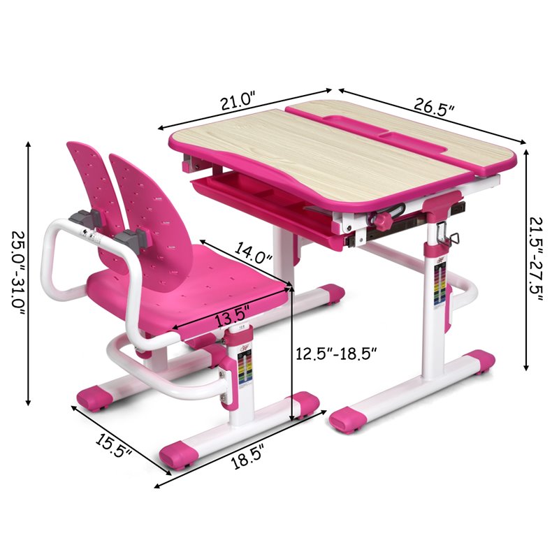 Costway MDF and Iron Adjustable Children Desk Chair Set with Drawer in Pink