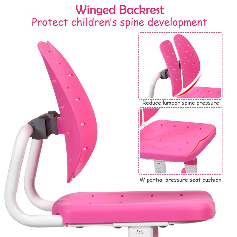Costway MDF and Iron Adjustable Children Desk Chair Set with Drawer in Pink