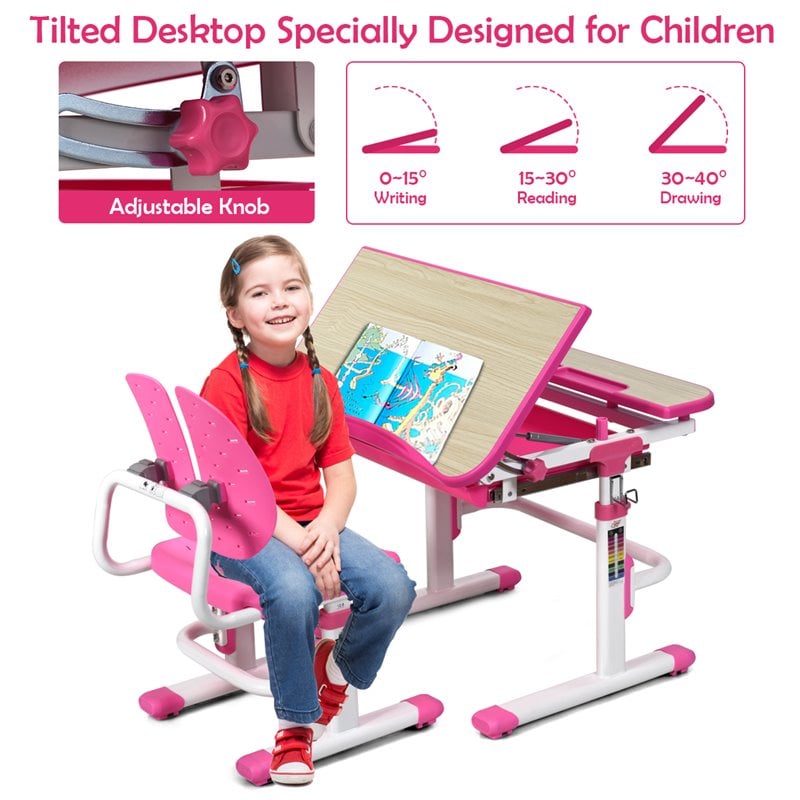 Costway MDF and Iron Adjustable Children Desk Chair Set with Drawer in Pink