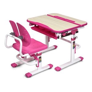 Costway MDF and Iron Adjustable Children Desk Chair Set with Drawer in Pink