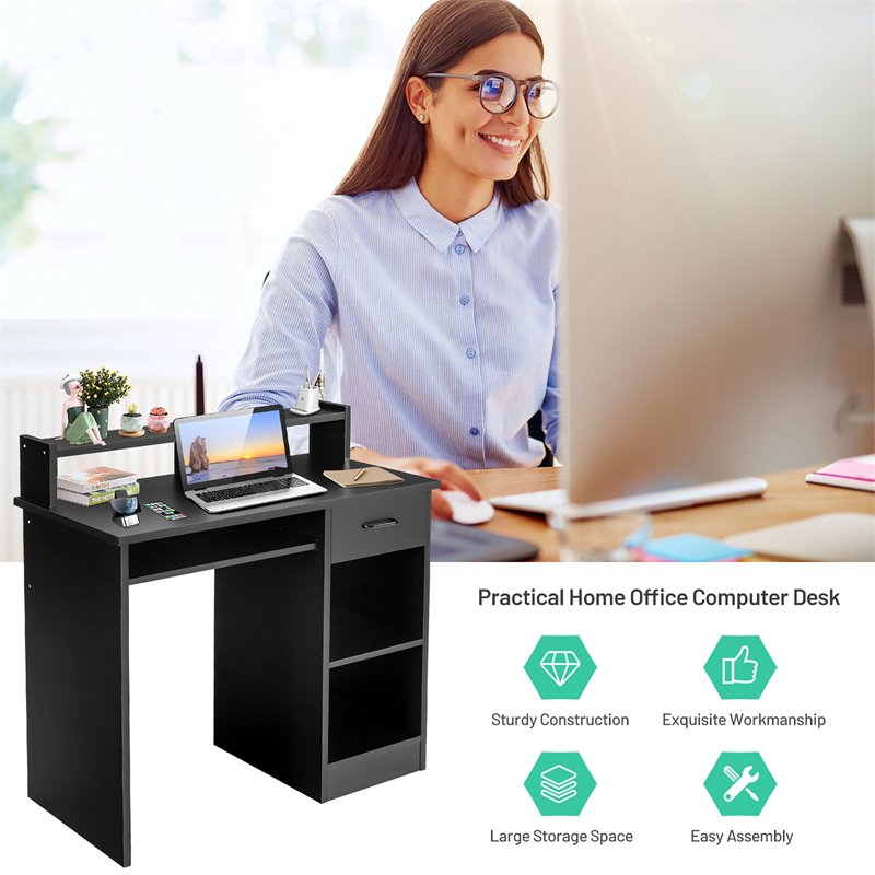 Costway Particle Board Computer Desk with 2-Tier Open Storage Shelves in Black