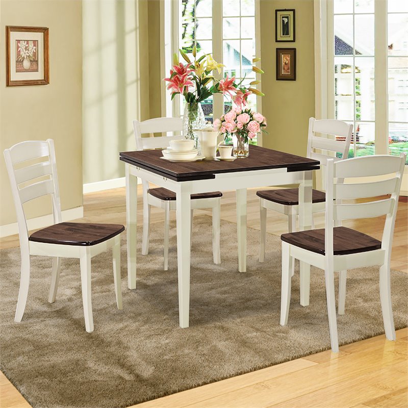 Costway 5-piece Rubber Wood Dining Table Set with 4 Chairs in Walnut/Milky White