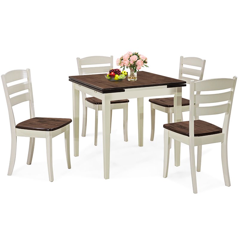 Costway 5-piece Rubber Wood Dining Table Set with 4 Chairs in Walnut/Milky White