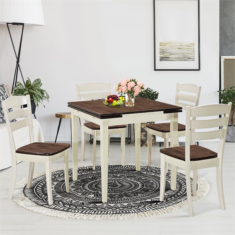 Costway 5-piece Rubber Wood Dining Table Set with 4 Chairs in Walnut/Milky White