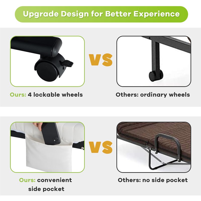 Costway Sponge Adjustable Folding Guest Bed with Portable Wheels in White