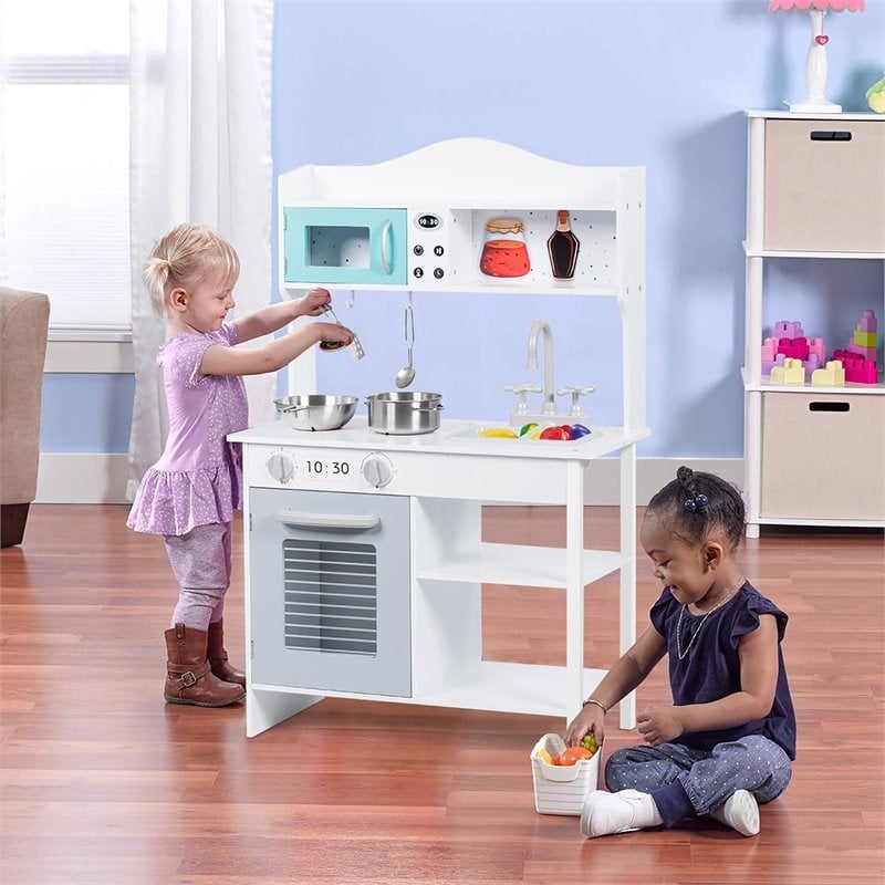 Costway Contemporary Solid Wood Kids Kitchen Playset with Pots & Pans in White