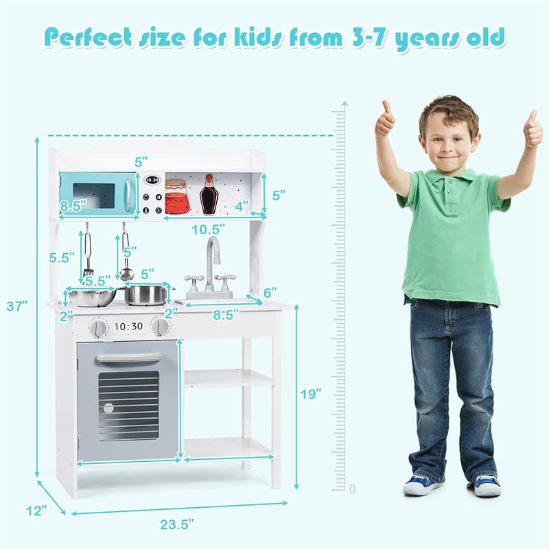 Costway Contemporary Solid Wood Kids Kitchen Playset with Pots & Pans in White