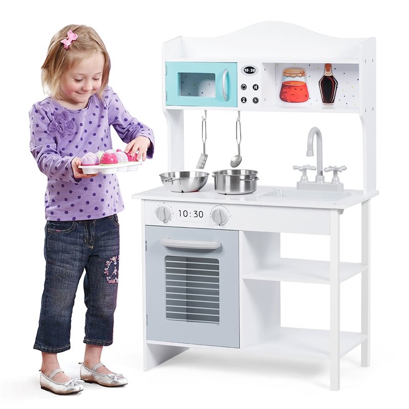 Costway Contemporary Solid Wood Kids Kitchen Playset with Pots & Pans in White