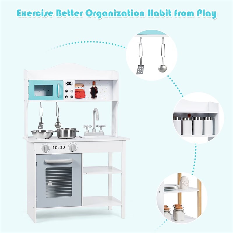 Costway Contemporary Solid Wood Kids Kitchen Playset with Pots & Pans in White