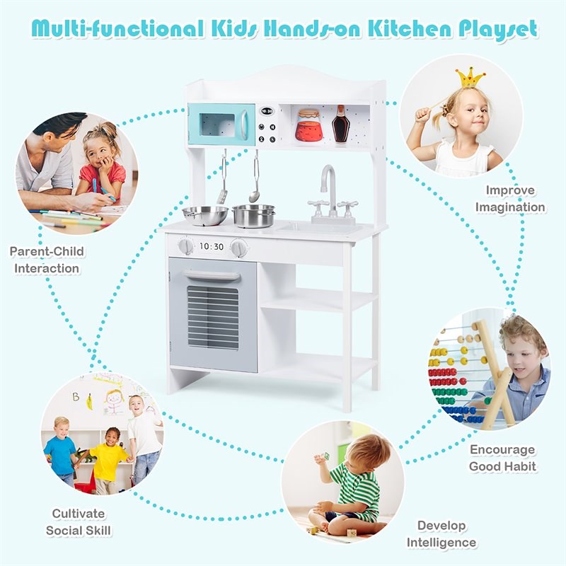 Costway Contemporary Solid Wood Kids Kitchen Playset with Pots & Pans in White