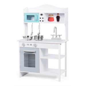 costway contemporary solid wood kids kitchen playset with pots & pans in white