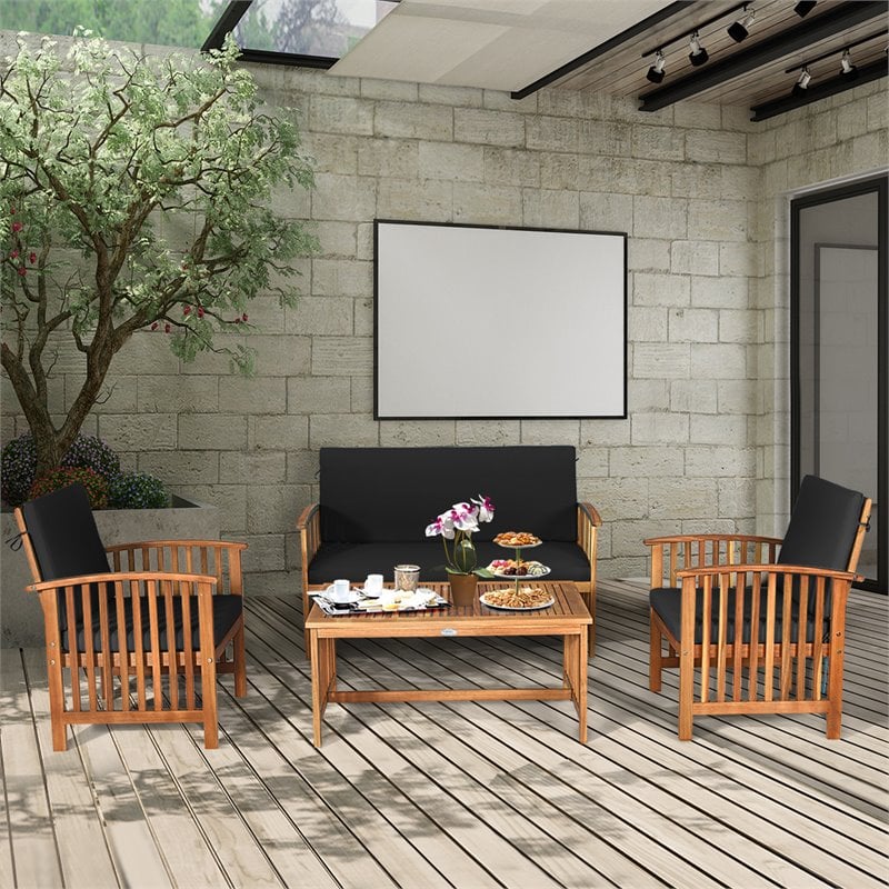 Costway 4-piece Wood & Sponge Patio Furniture Set with Coffee Table in Black