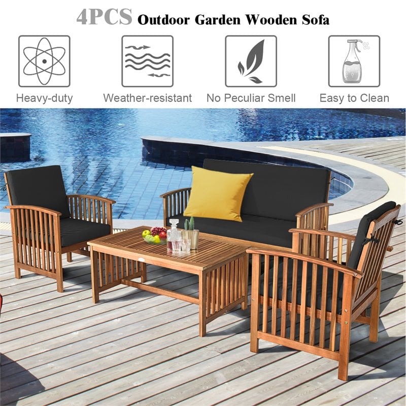 Costway 4-piece Wood & Sponge Patio Furniture Set with Coffee Table in Black