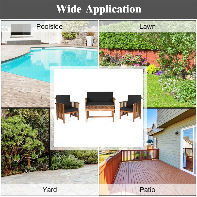 Costway 4-piece Wood & Sponge Patio Furniture Set with Coffee Table in Black