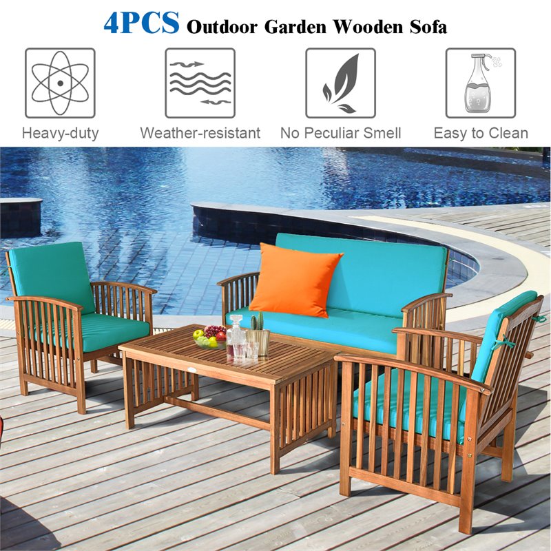 Costway 4-piece Wood & Sponge Patio Furniture Set with Coffee Table in Blue