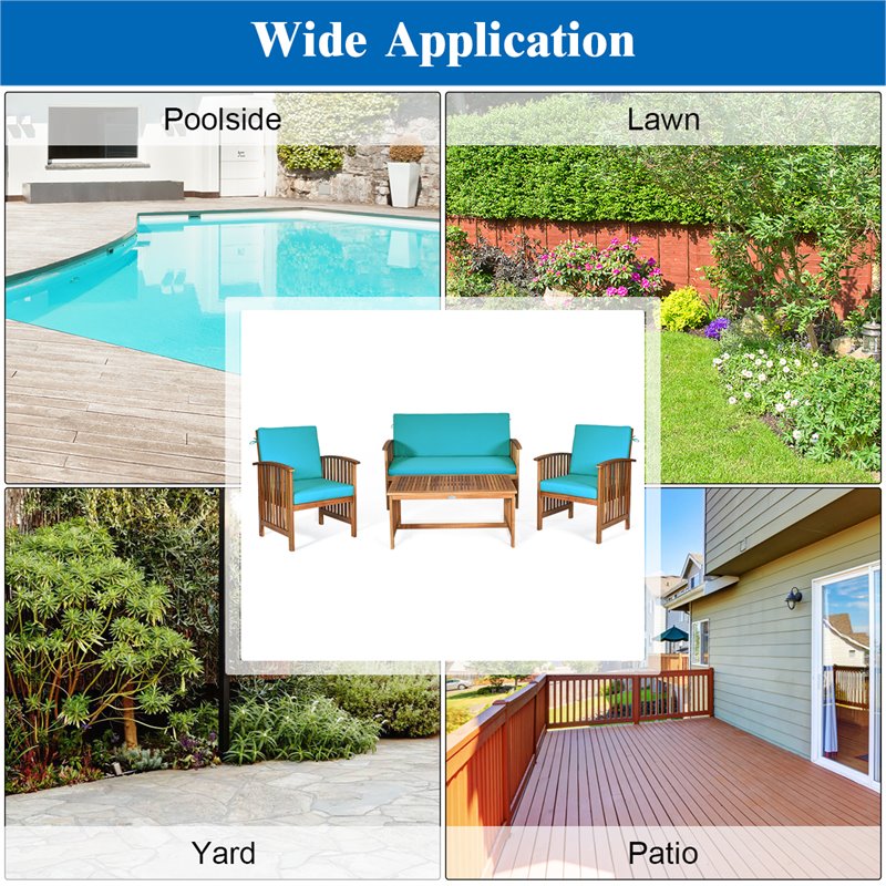 Costway 4-piece Wood & Sponge Patio Furniture Set with Coffee Table in Blue