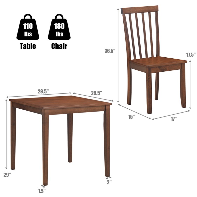 Costway 3-piece Rubber Wood Dining Table Set with 2 Slat Back Chairs in Walnut