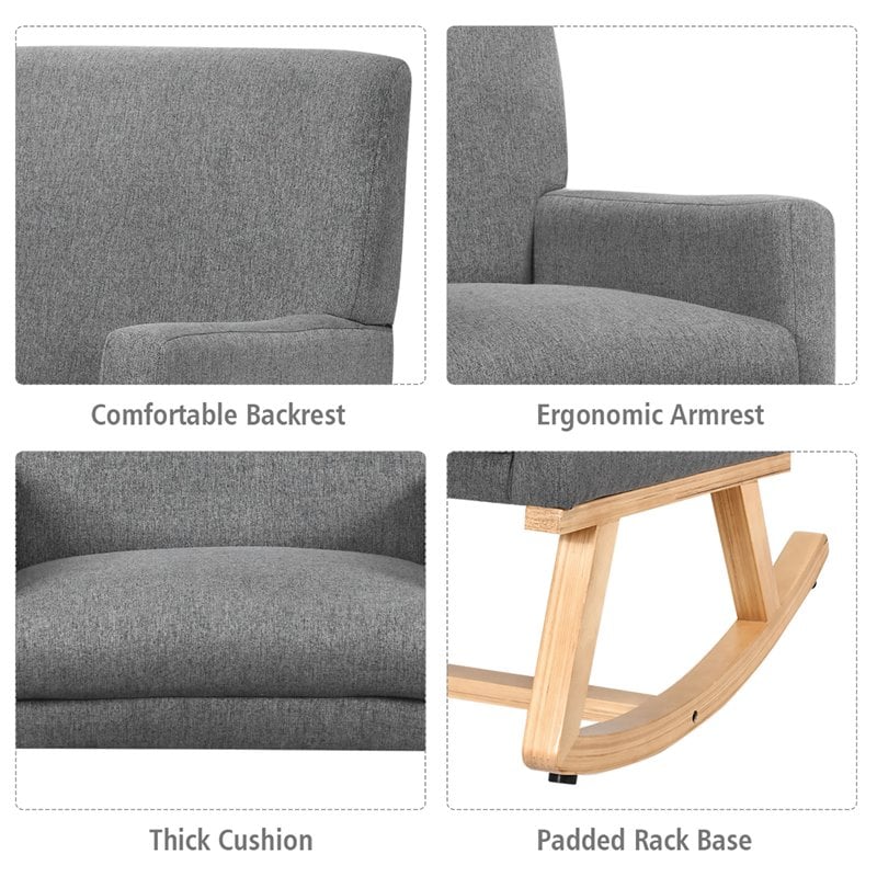 Costway Contemporary Wood and Sponge Rocking Chair with Cozy Armrests in Gray