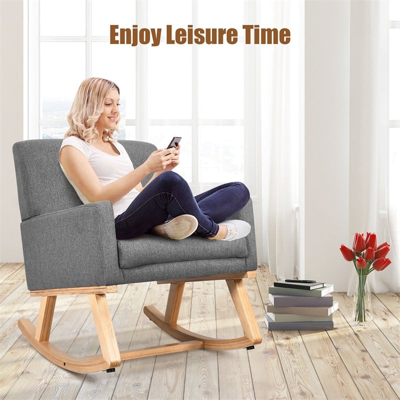 Costway Contemporary Wood and Sponge Rocking Chair with Cozy Armrests in Gray