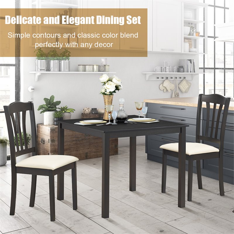 Costway 3-Piece Rubber Wood Kitchen Dining Set with 2 Chairs in Coffee/Beige