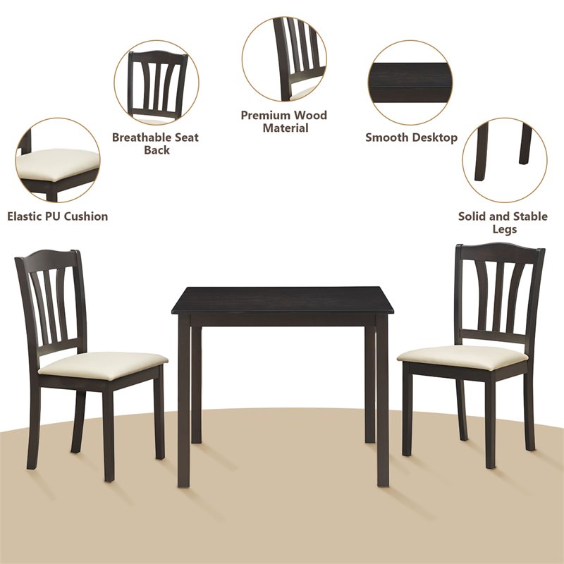 Costway 3-Piece Rubber Wood Kitchen Dining Set with 2 Chairs in Coffee/Beige