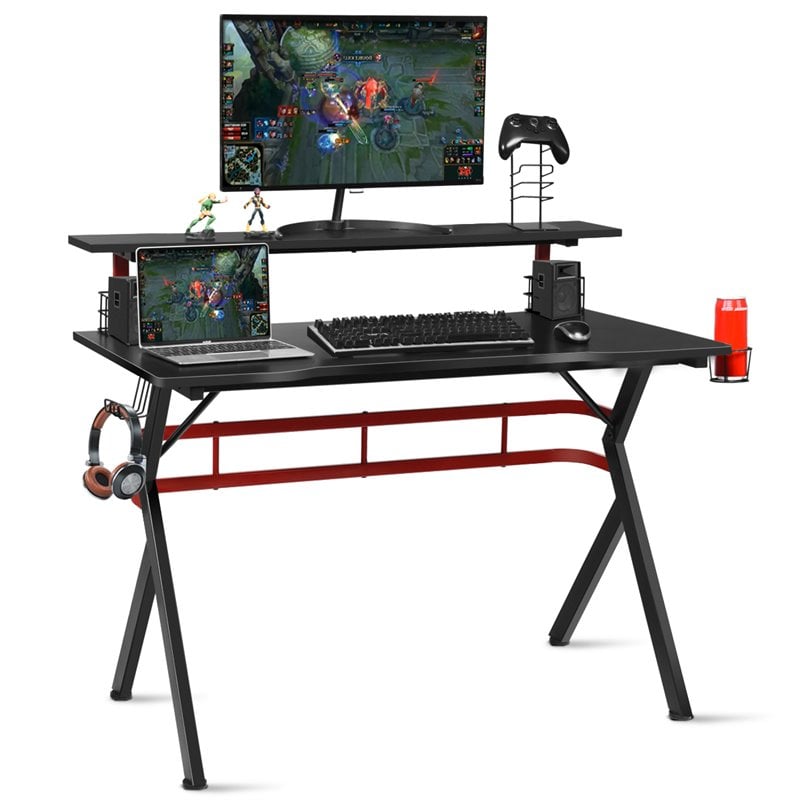 Costway Contemporary MDF and Metal Computer Desk with Monitor Shelf in Black