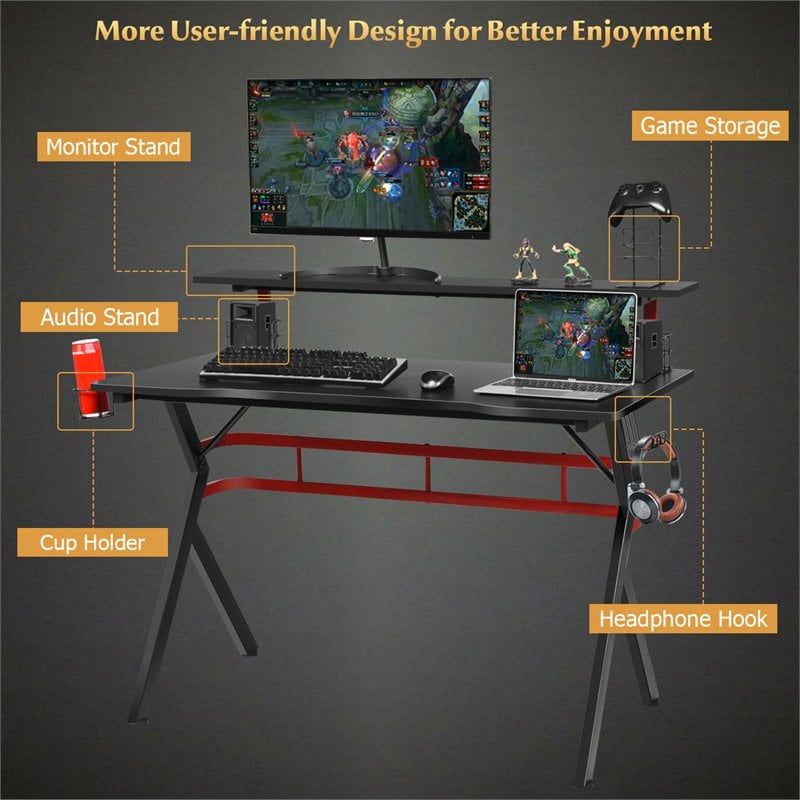 Costway Contemporary MDF and Metal Computer Desk with Monitor Shelf in Black