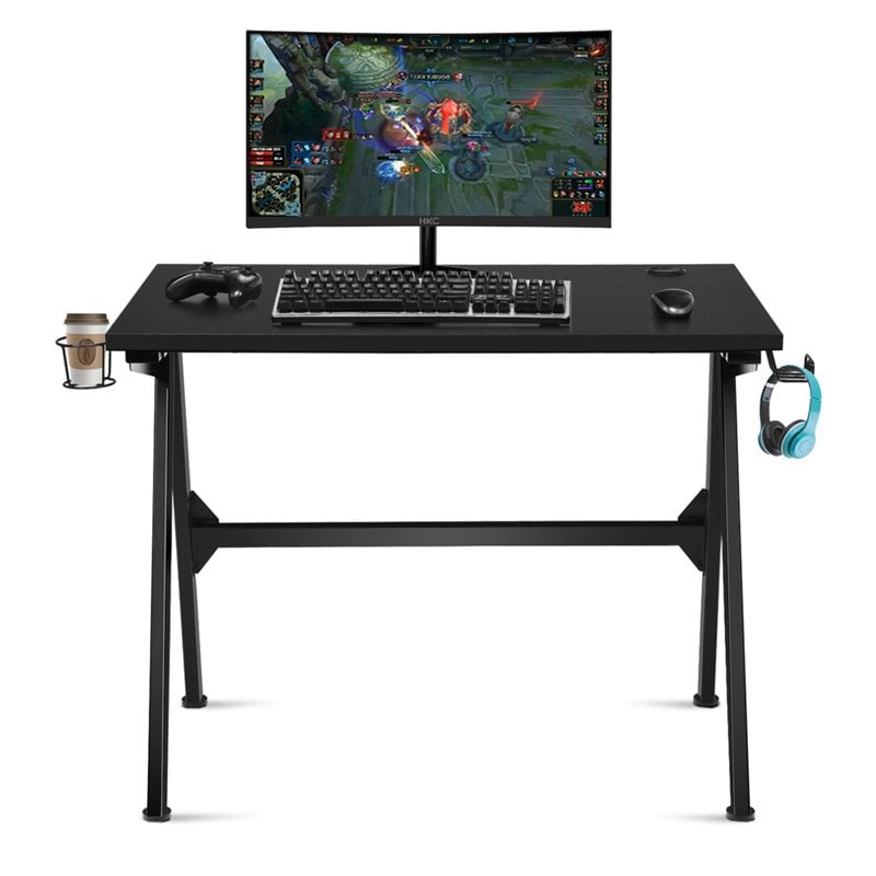 Costway MDF and Metal Computer Desk with Cup Holder & Headphone Hook in Black
