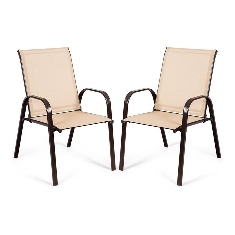 Costway Steel Fabric Patio Chairs Dining Chair with Armrest in Beige (Set of 2)