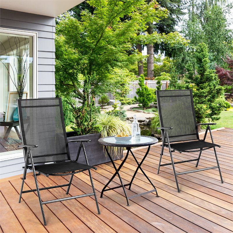 Costway Steel Fabric Patio Folding Chair Adjustable Backrest in Black (Set of 2)